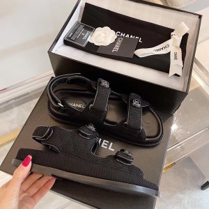 Chanel CC Button Velcro Sandals Technical Fabric/Calfskin Leather Spring/Summer 2021 Collection - Image 3
