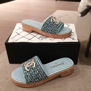 Chanel CC Cork Sandals Tweed/Calfskin Leather Spring/Summer 2020 Collection - Image 7