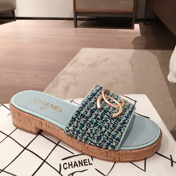 Chanel CC Cork Sandals Tweed/Calfskin Leather Spring/Summer 2020 Collection Size