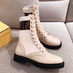 Fendi FF Logo Rockoko Chelsea Sock Combat Lace Up Ankle Boots Jacquard Stretch-Knit And Leather Calfskin Leather Fall/Winter 2019 Collection - Image 4