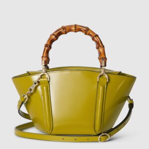 Mini bamboo top handle tote bag pistacchio green leather - Image 4