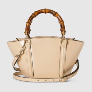 Mini bamboo top handle tote bag light beige leather - Image 5