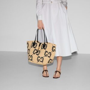 Medium raffia-effect tote bag natural and black fabric - Image 5