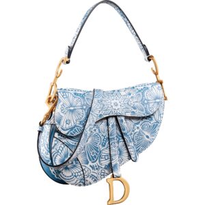 Saddle Bag with Strap Celestial Blue and White Grained Calfskin with D-Butterfly Paisley Print - Image 3