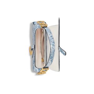 Saddle Bag with Strap Celestial Blue and White Grained Calfskin with D-Butterfly Paisley Print - Image 4