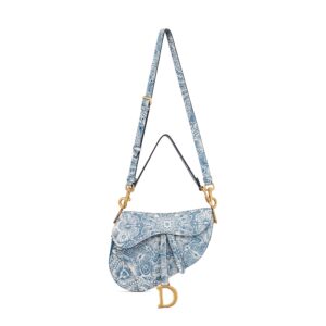 Saddle Bag with Strap Celestial Blue and White Grained Calfskin with D-Butterfly Paisley Print - Image 5